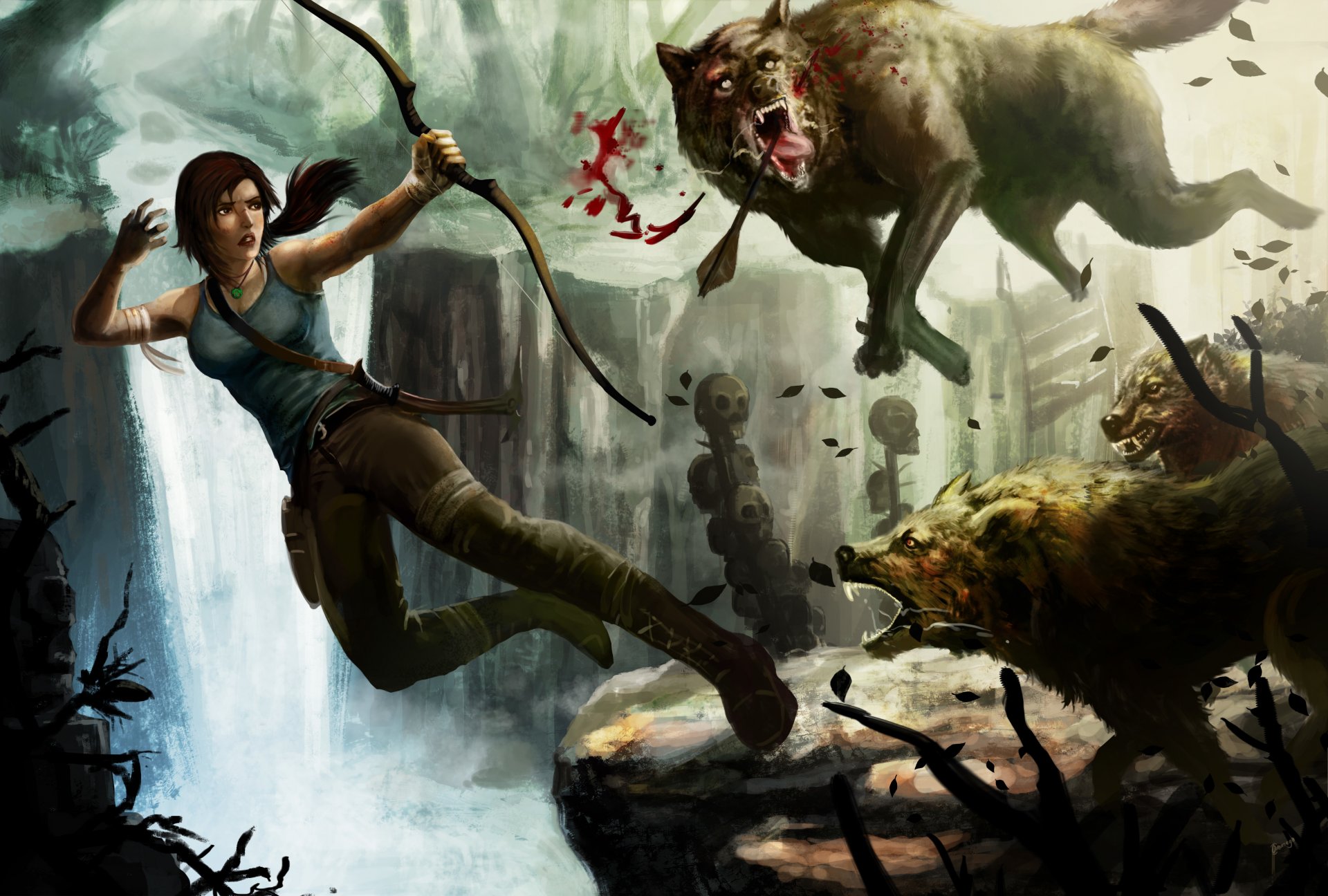 lara croft tomb raider arte chica arco lobos