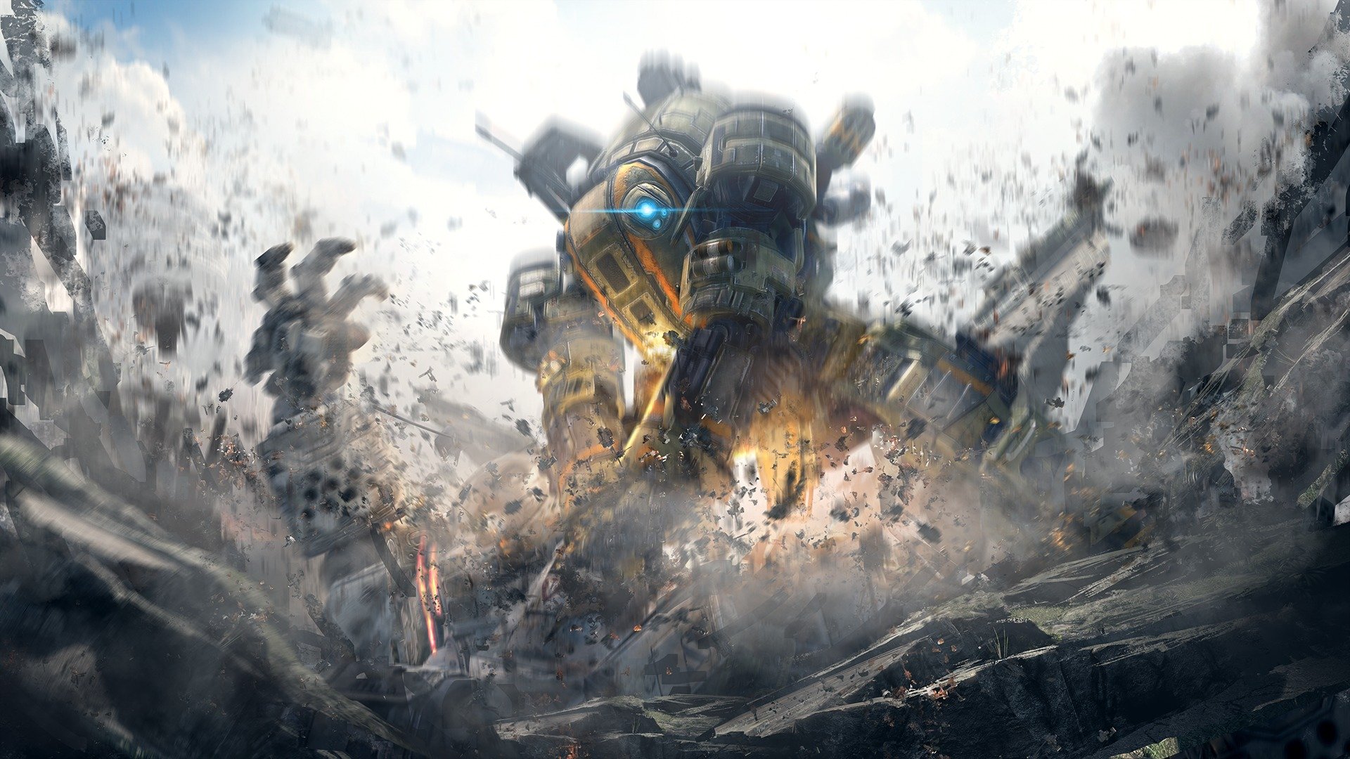 titanfall respawn entertainment electronic arts ea robot tytan światła dym niebo chmury zapał