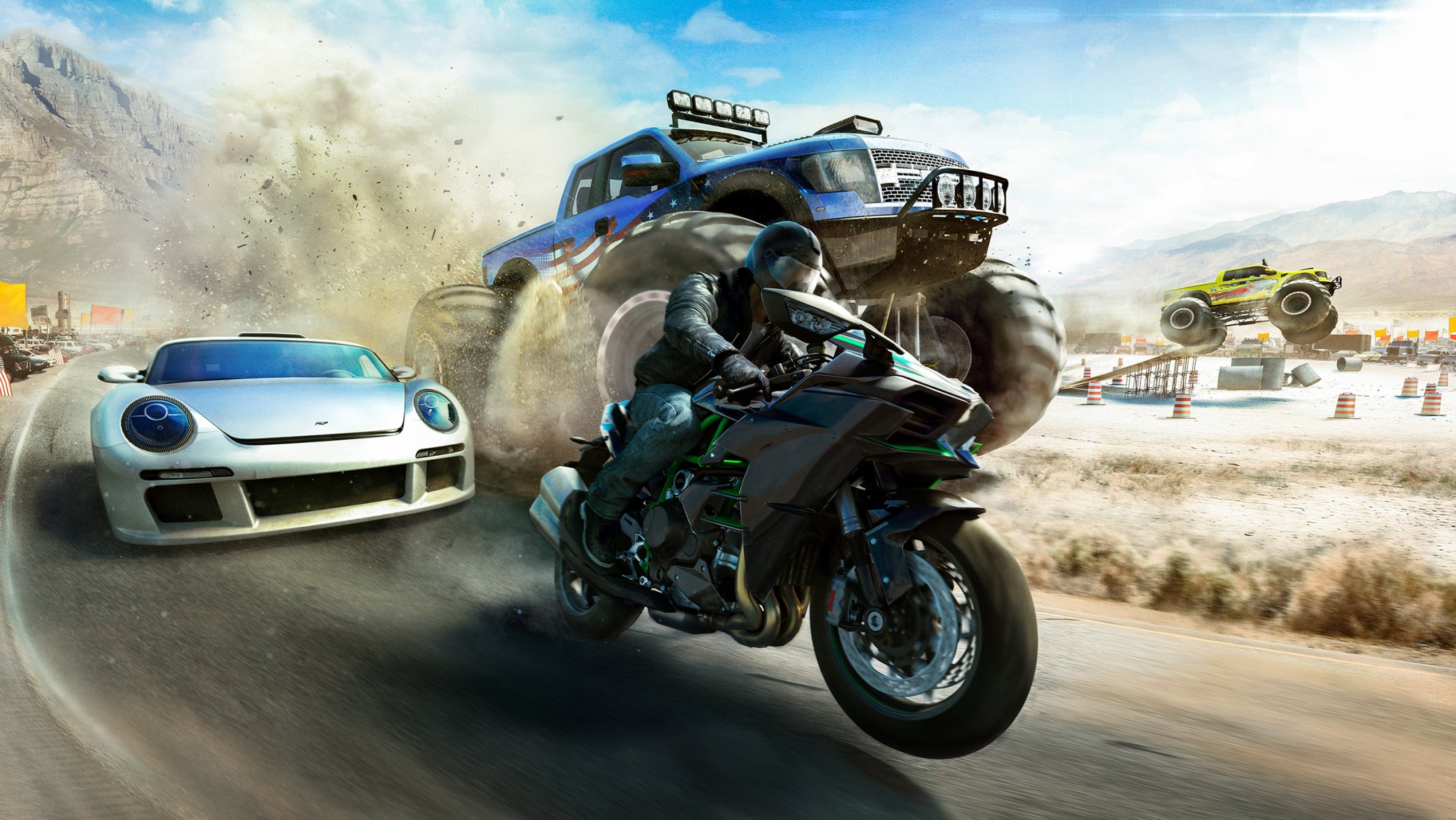 the crew: wild run the crew wild run ivory tower ubisoft bike bigfoot car machine sky mountain sand dust race