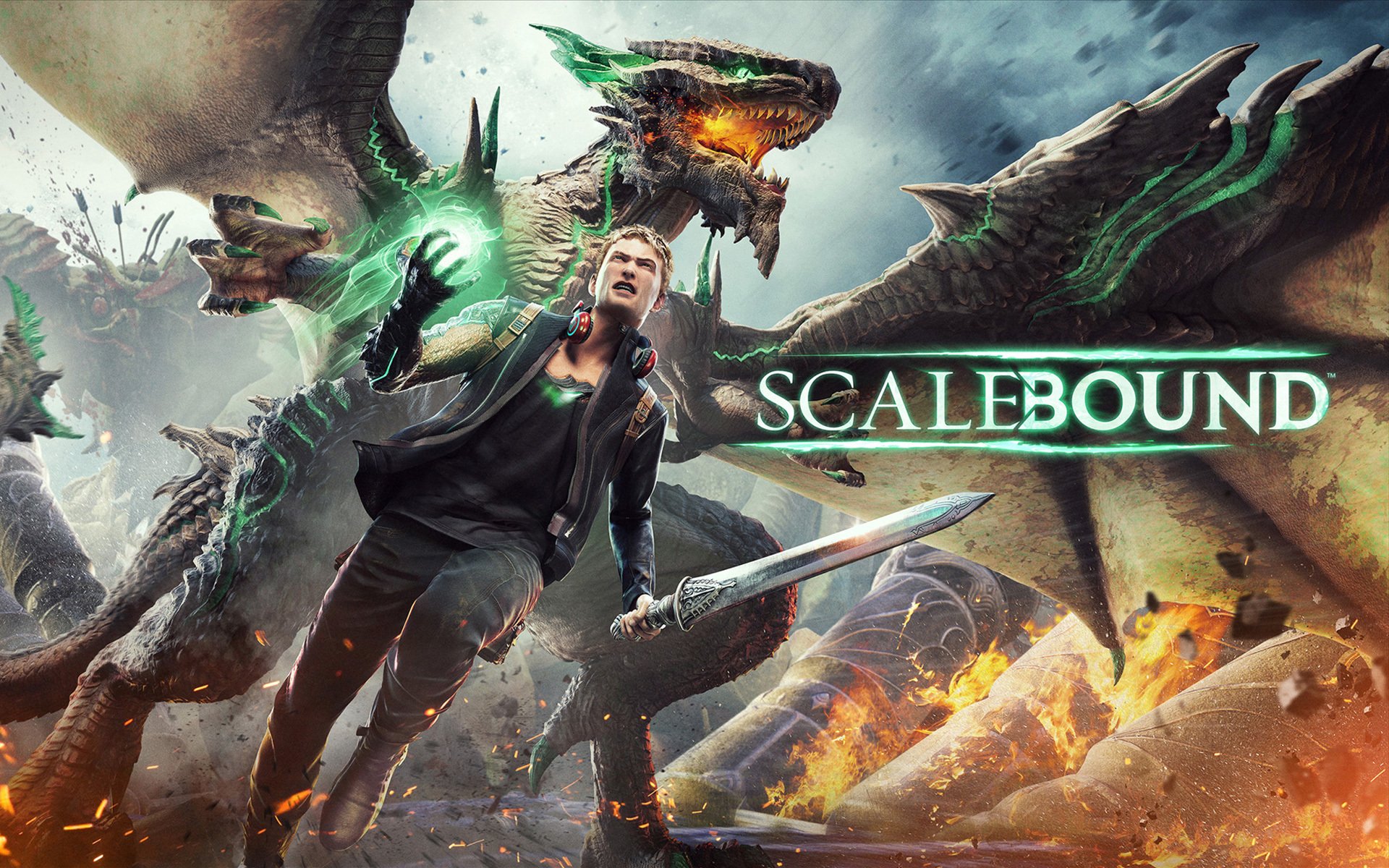 calebound microsoft xbox one platin-spiel kerl krieger schwert kopfhörer weißes haar spiel hand feuer flügel hideki kamiya drache fantasie