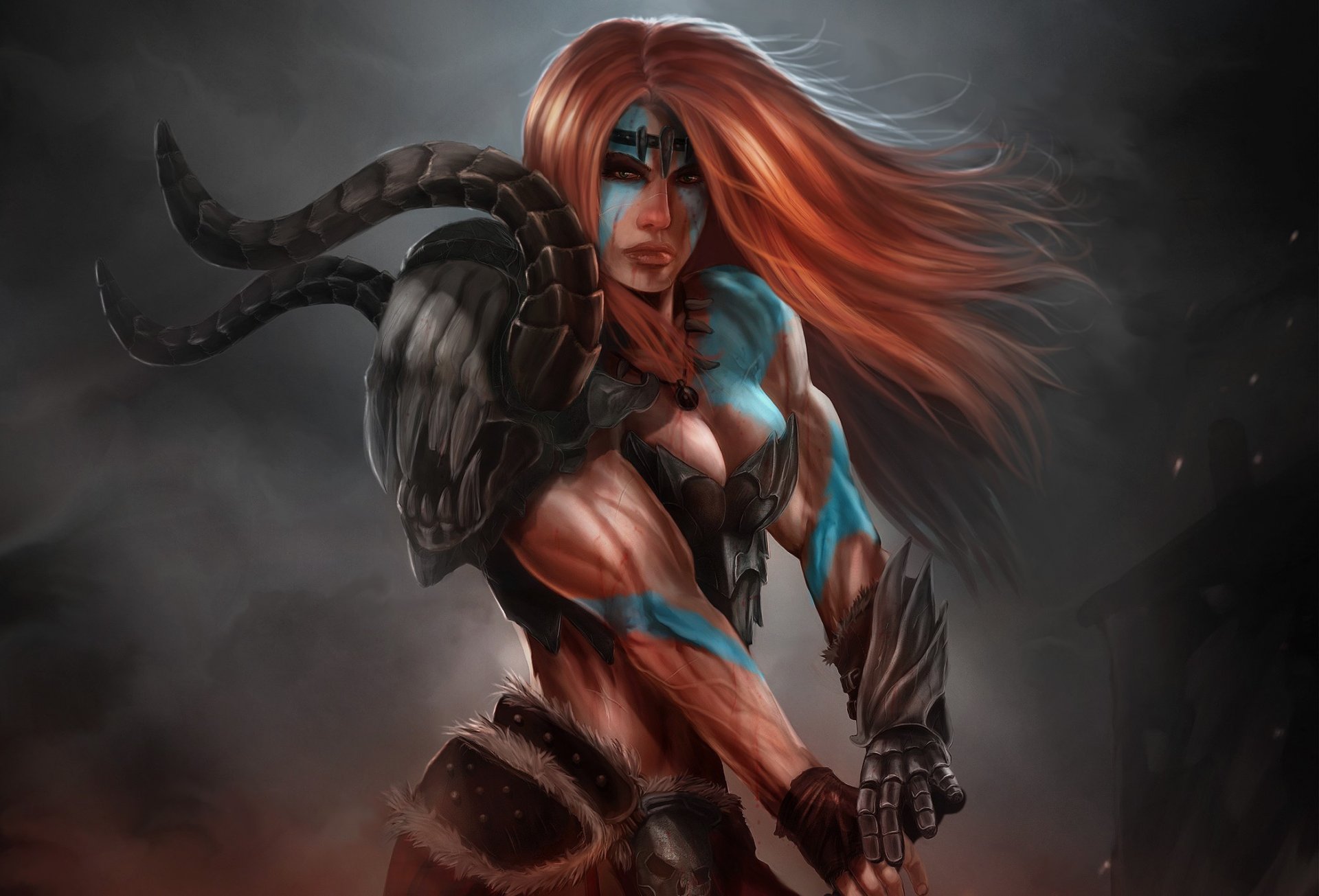 arte diablo iii segador de almas bárbaro chica colorear pelirroja músculos