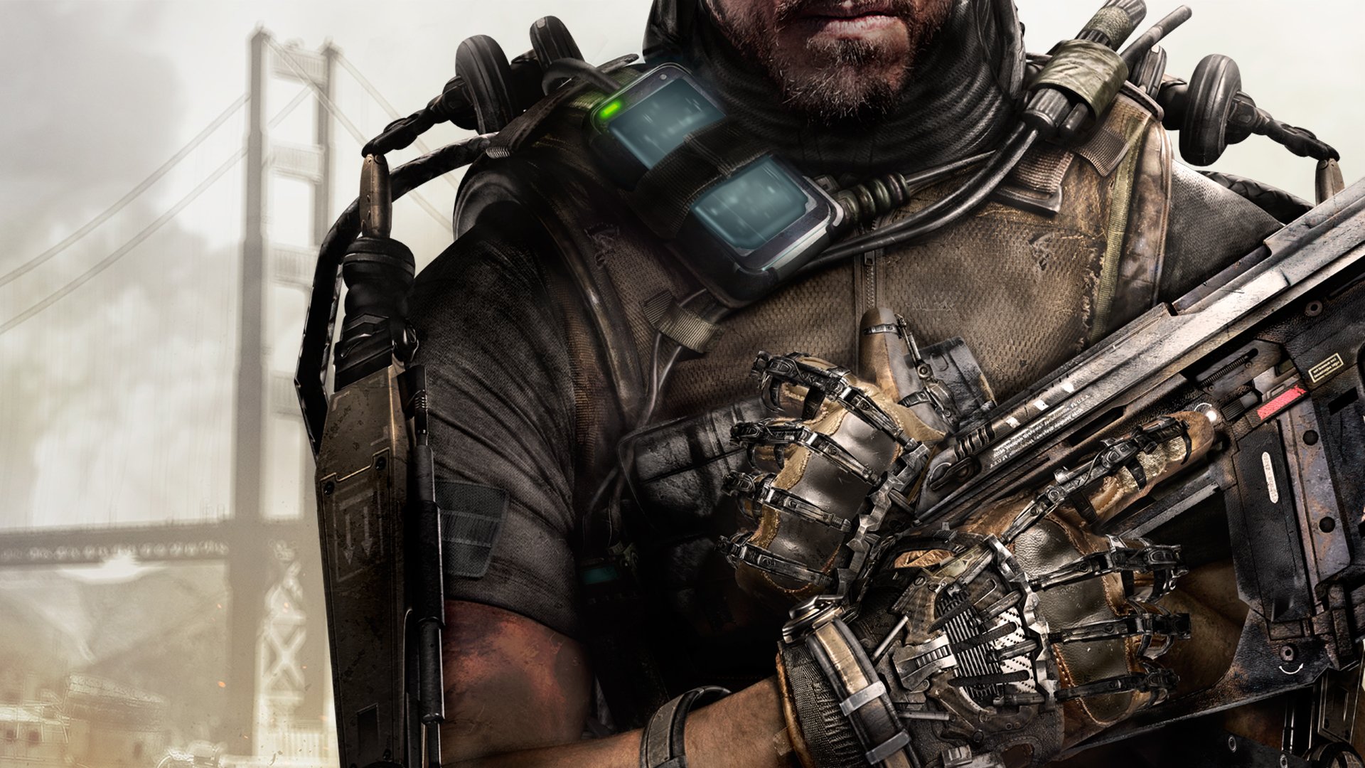 call of duty: guerra avanzata soldato esoscheletro armatura arma mano labbra barba ponte fumo armatura sledgehammer games activision