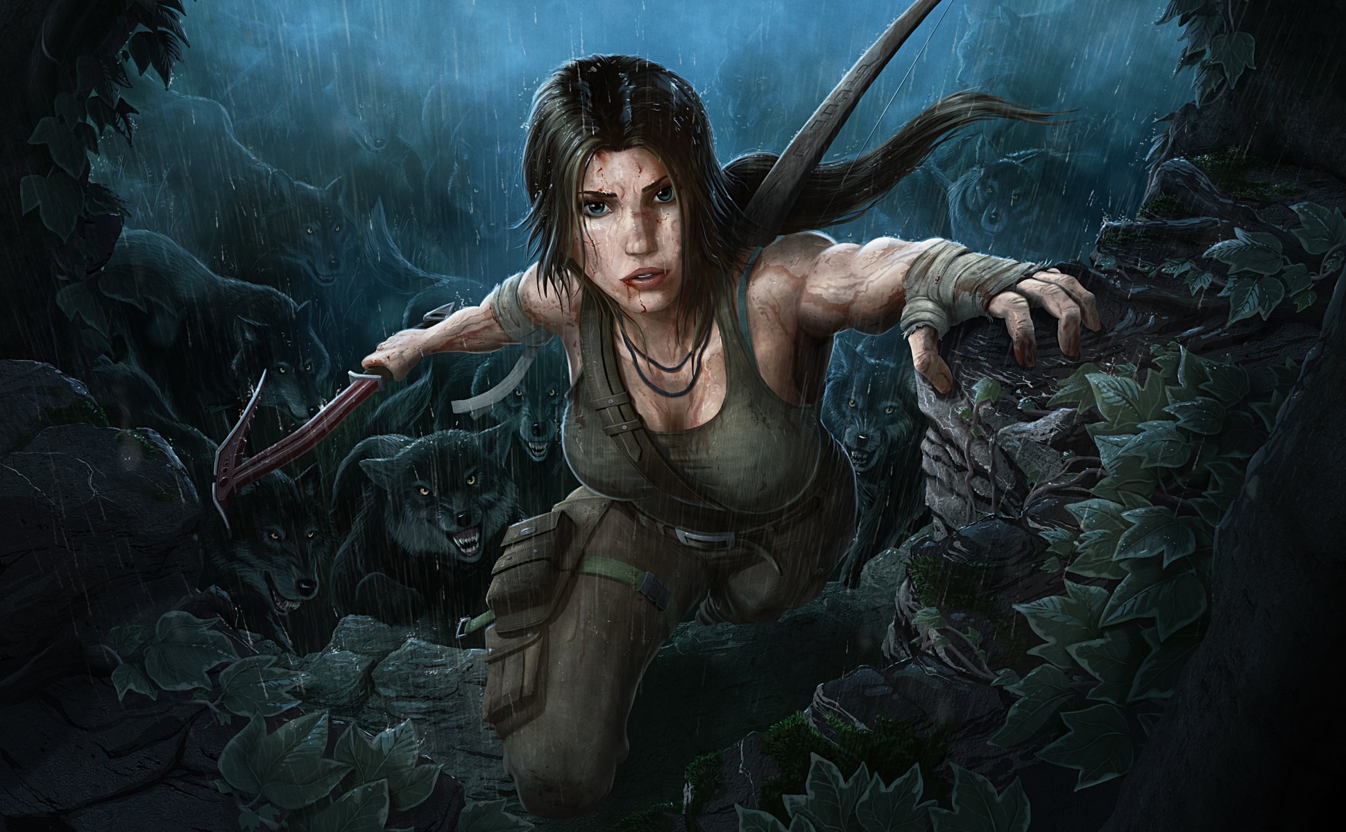 tomb raider lara croft bellezza ragazza bruna pioggia