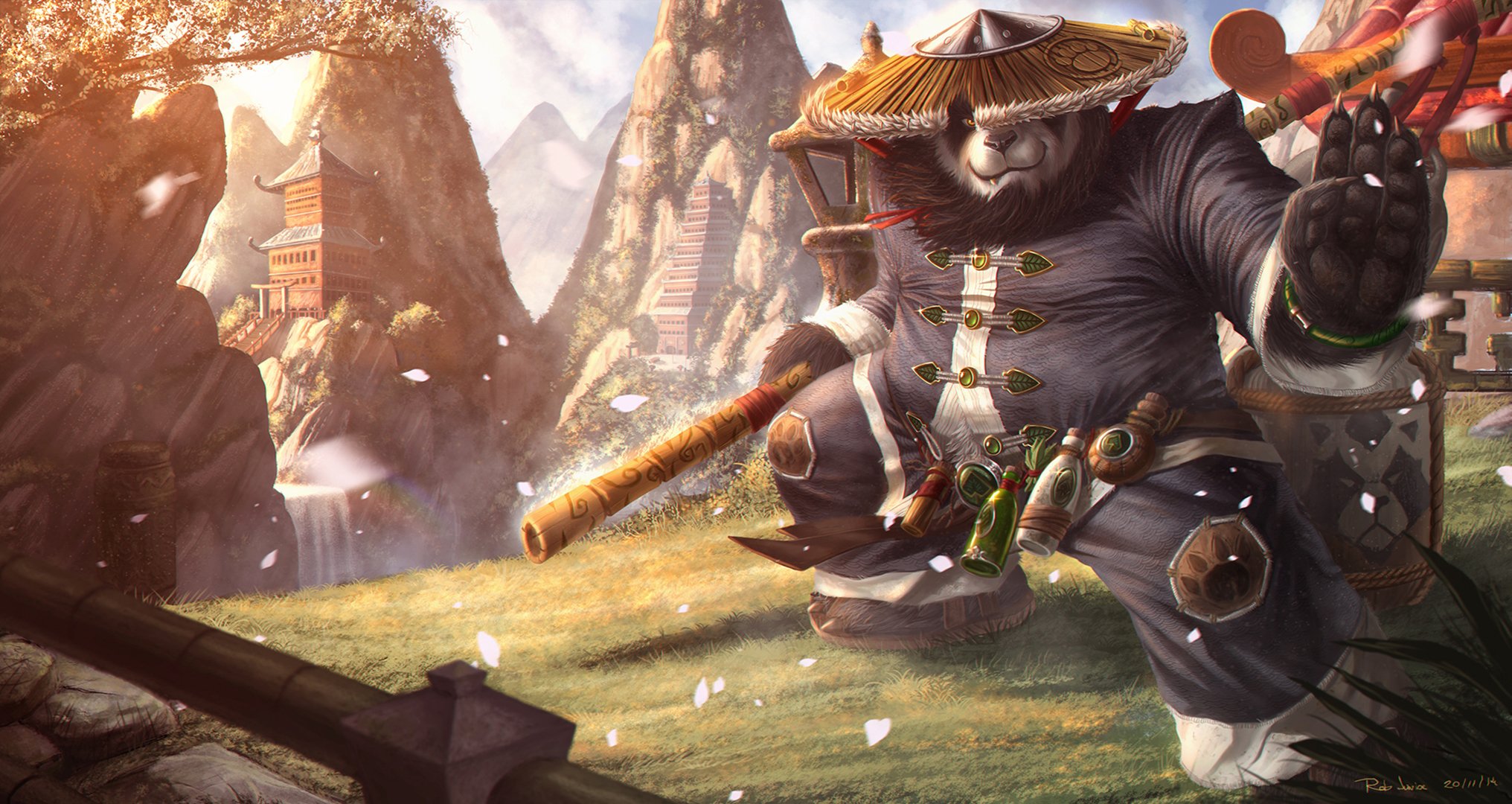 mondo di warcraft: nebbie pandaria arte warcraft panda orso bastone