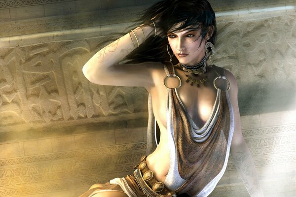 La ragazza del gioco Prince Of Persia si siede nella stanza