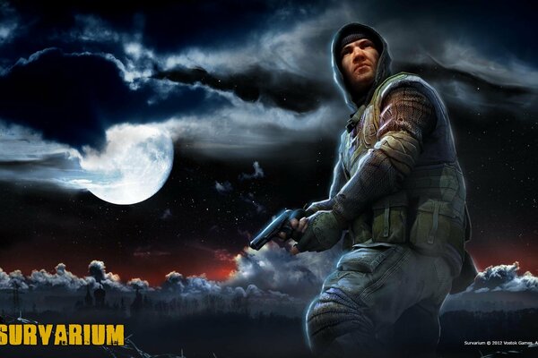 Survarium, soldato con le armi sullo sfondo del cielo notturno lunare