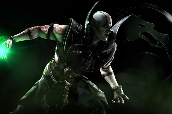 The character of the game Mortal Kombat Kuan Chi is charged with magic in anticipation of a deadly battle