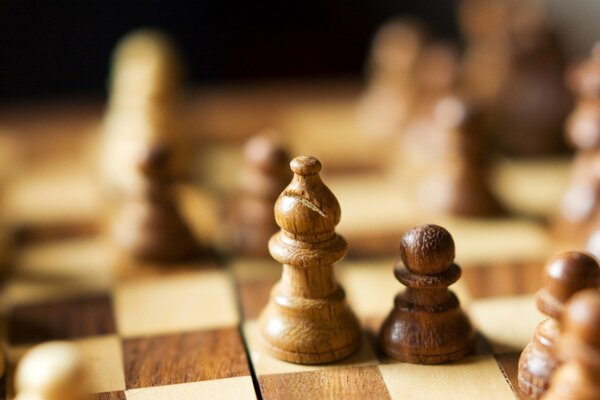 Game. Wooden chessboard , with chess pieces placed