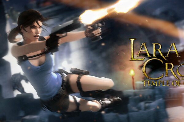 Lara Croft shoots in a jump