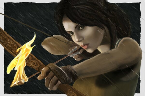 Lara Croft tire un arc avec une flèche de feu