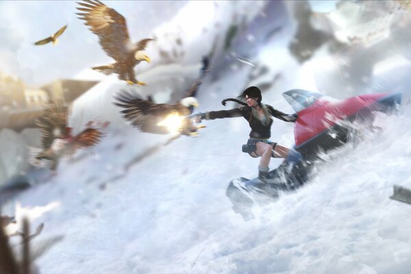 Lara Croft rides a snowmobile and shoots off birds