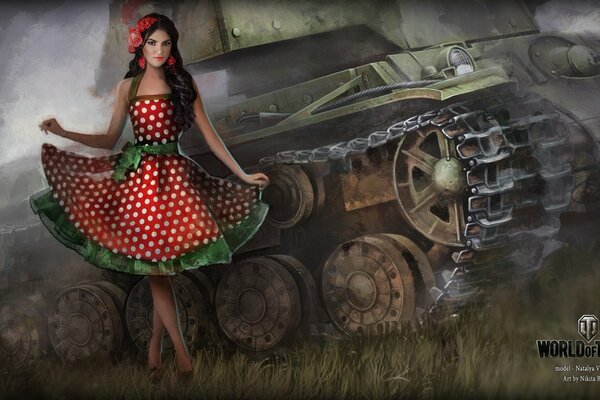 Chica con un vestido de lunares rojos en el fondo de un tanque