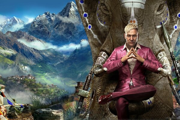 A dude in a crimson suit sits on a throne made of an elephant s head in the mountains