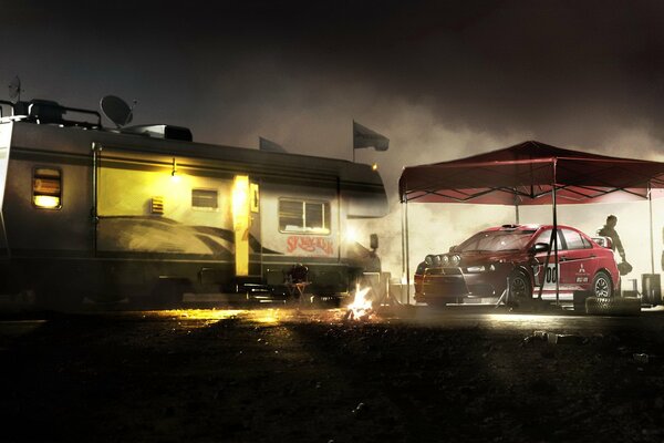 Dirt 2: at night the car is under a canopy