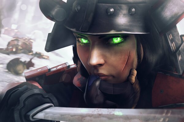 A samurai in a helmet with green eyes