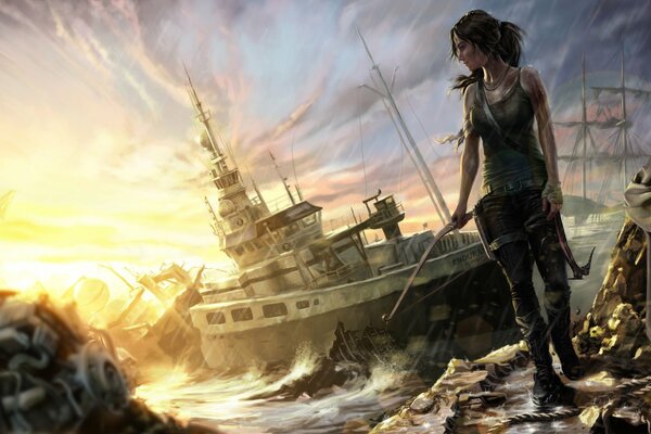 A girl with a bow in her hand looks at the ship