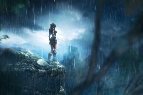 Lara Croft in the jungle on a rainy night