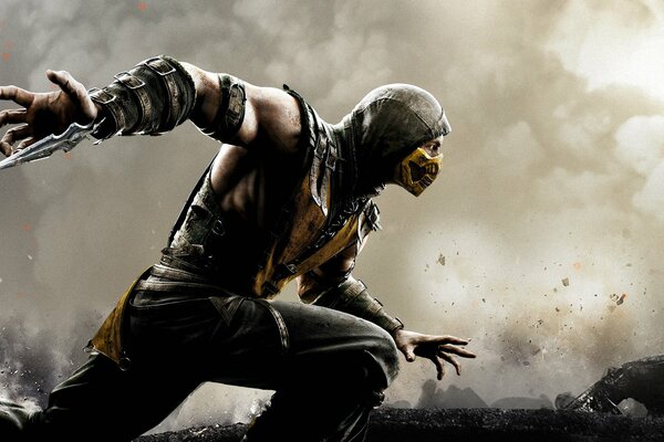 Mortal Kombat running spcorpion runs in smoke and shrapnel