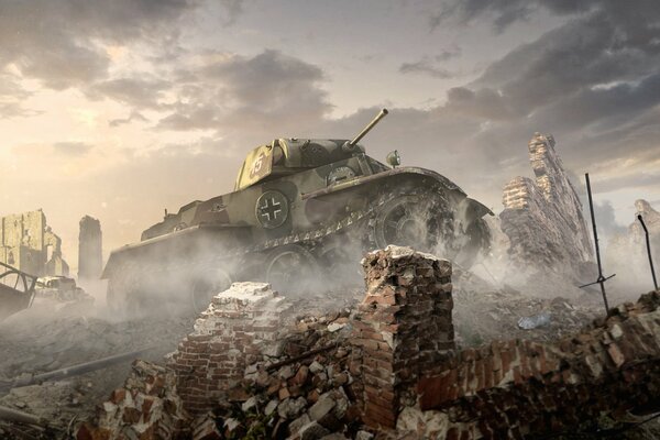 Art niemiecki czołg na ruinach z gry World of Tanks