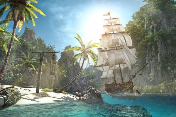 Sailing ship in the water area on the background of palm trees