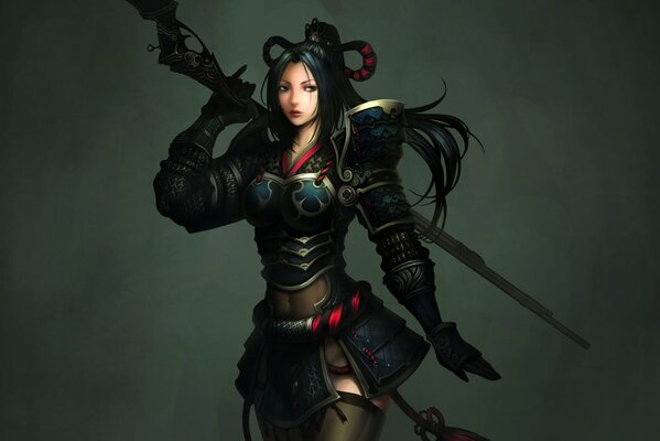 Asian girl in armor with a long gun