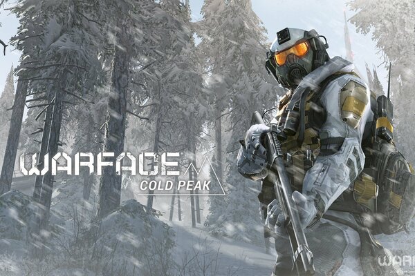 Equipped warface soldier on the background of a snowy forest