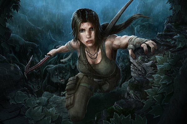 Lara Croft climbs the rocks