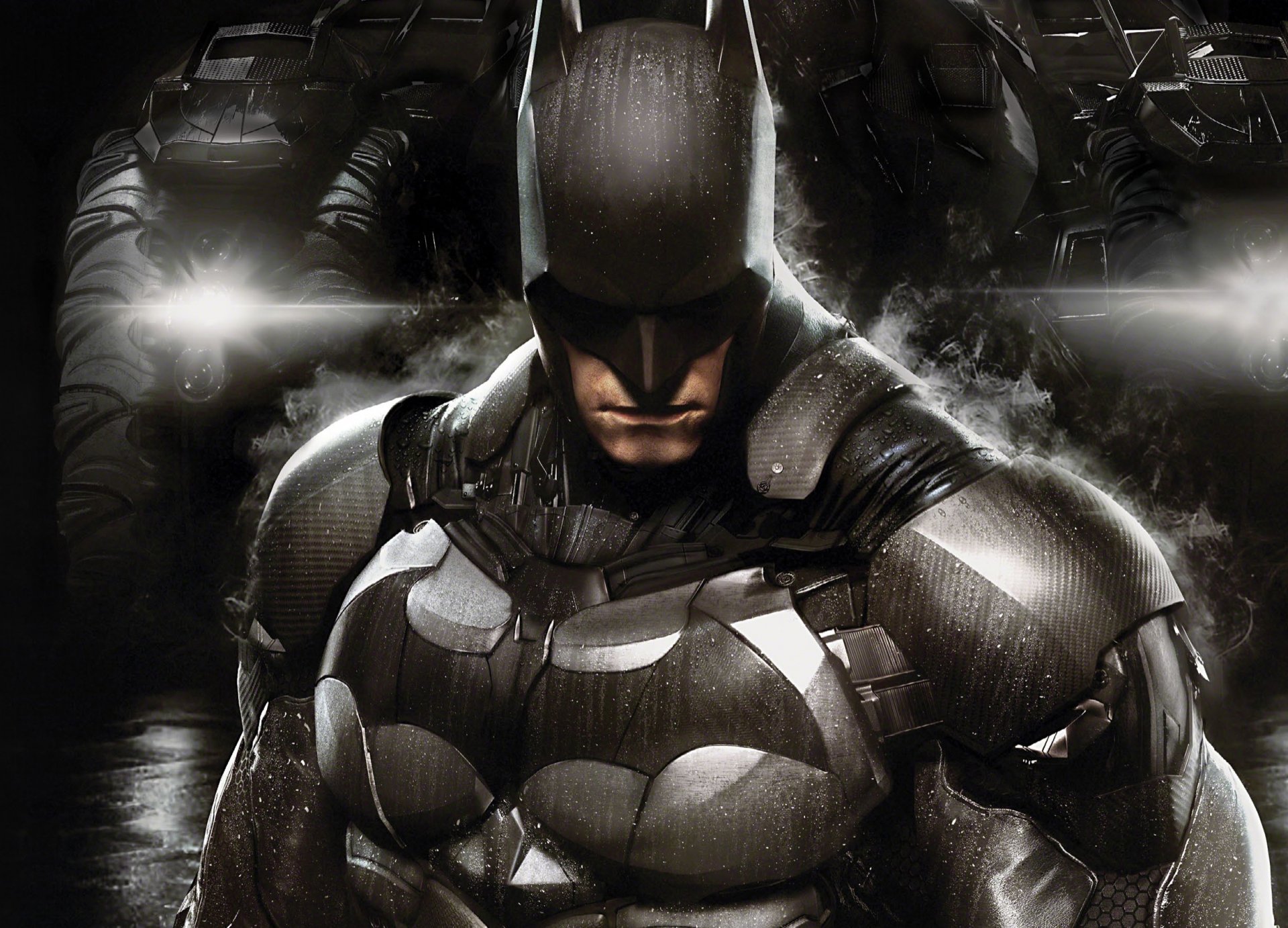 batman: arkham knight batman: arkham knight bruce wayne défenseur combattant fumée gouttes armure équipement phares batmobile rocksteady studios warner bros. interactive entertainment