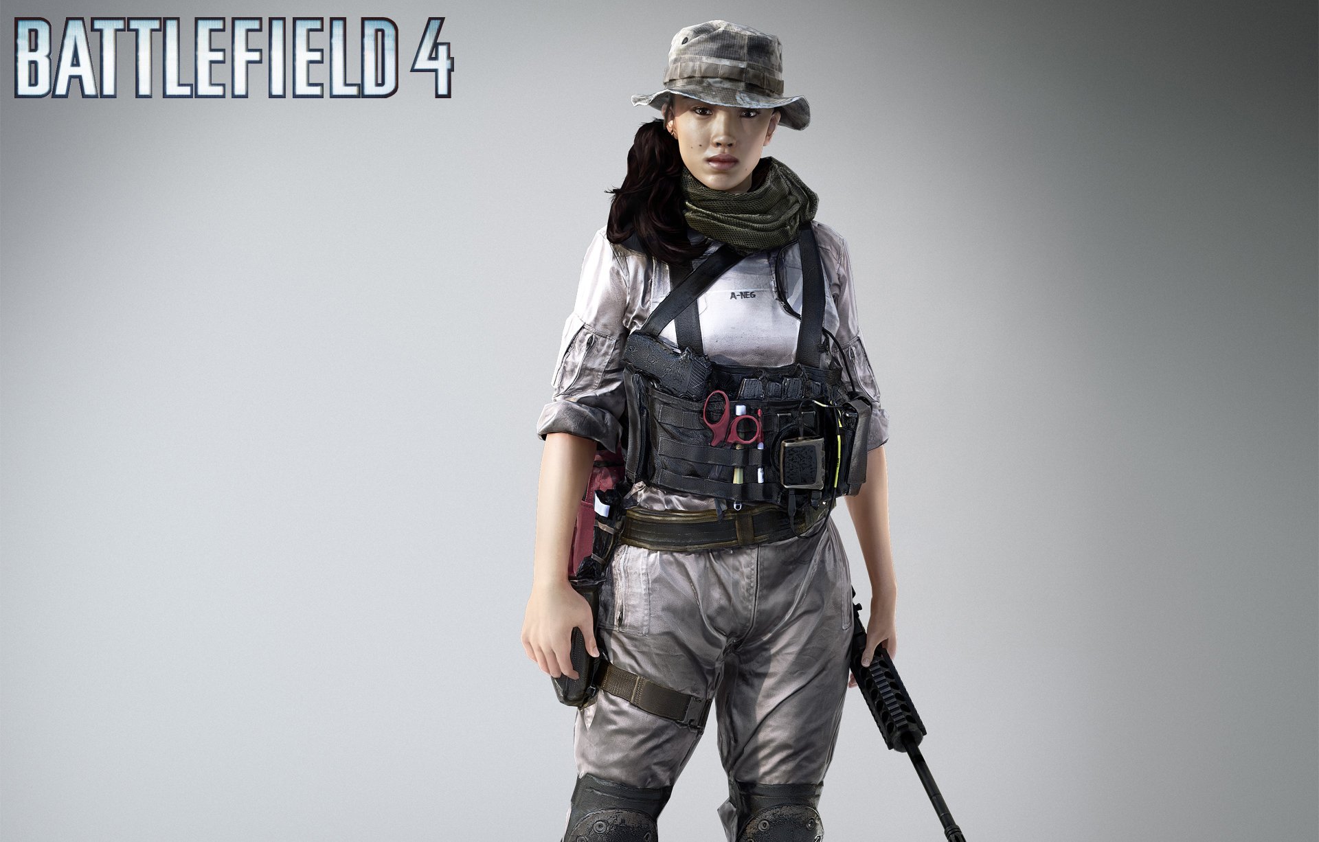 battlefield 4 campo di battaglia 4 soldato combattente ragazza hannah arma pistola fucile vista forbici armatura sciarpa cappello panama talpa logo ea digital illusions ce electronic art