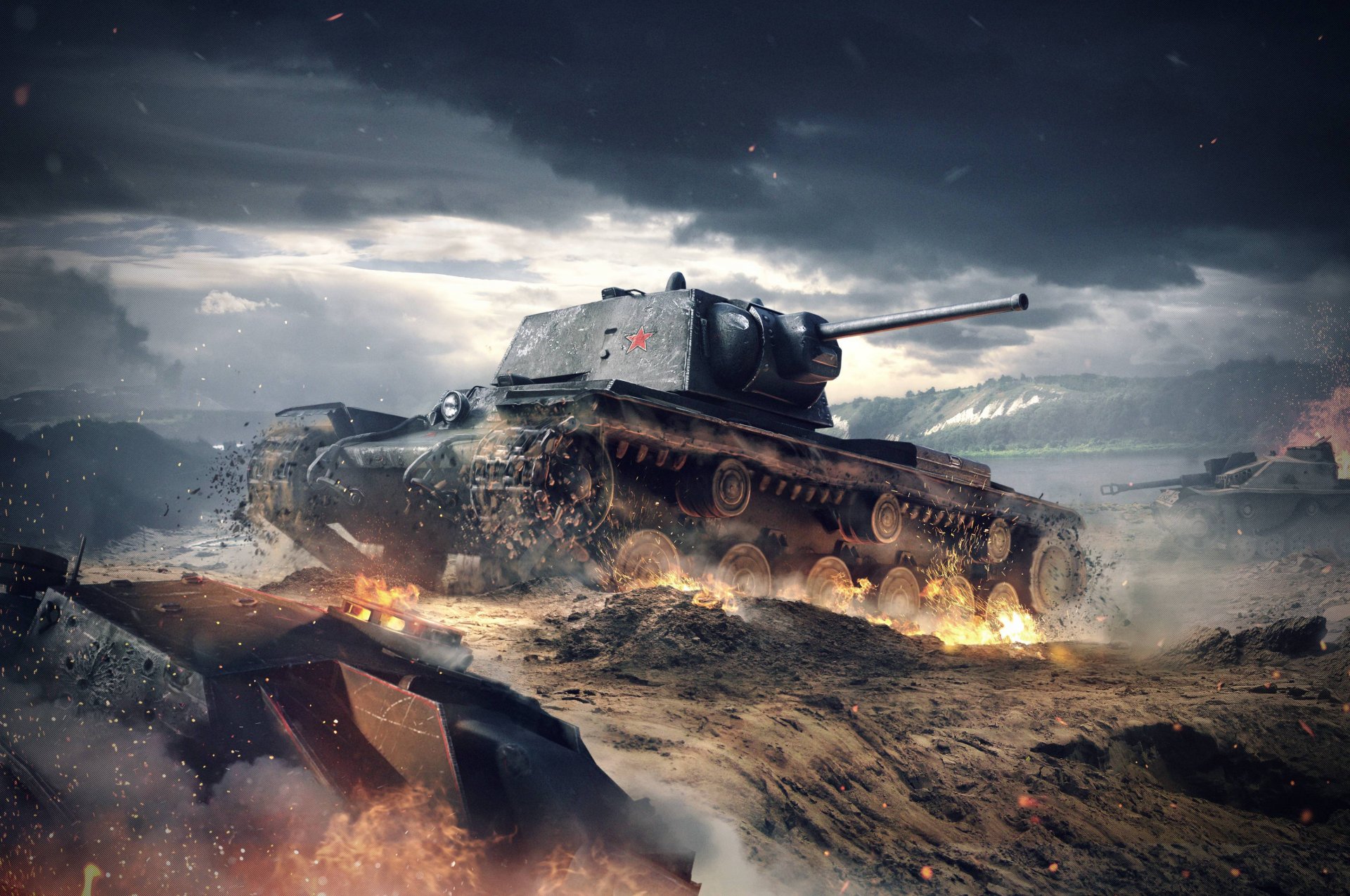 world of tanks: blitz wargaming net world of tanks blitzkrieg wp wotb kv-1 urss char lourd flamme feu nuages ciel fumée fer tronc arbres boue lumière étincelles eau poussière montagnes