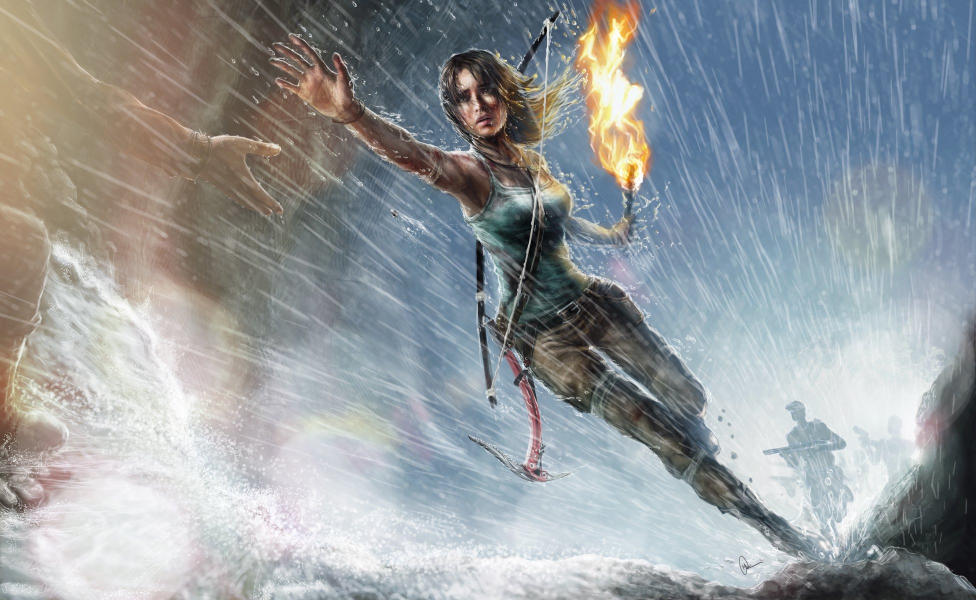 art lara croft tomb raider dziewczyna bieganie pochodnia ręka deszcz