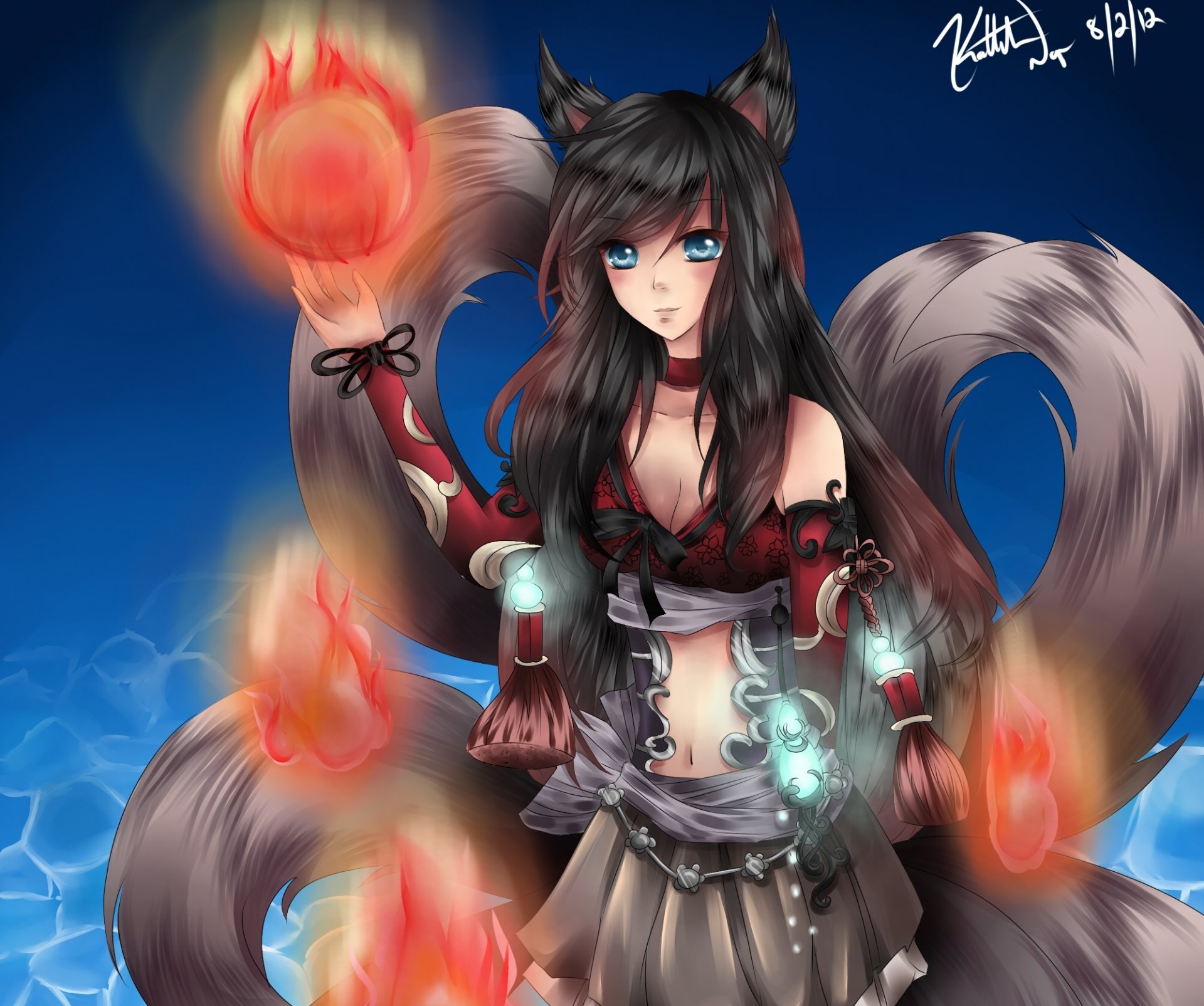 art mignon-yukiko fille ahri vue renard oreilles queues magie ligue des légendes