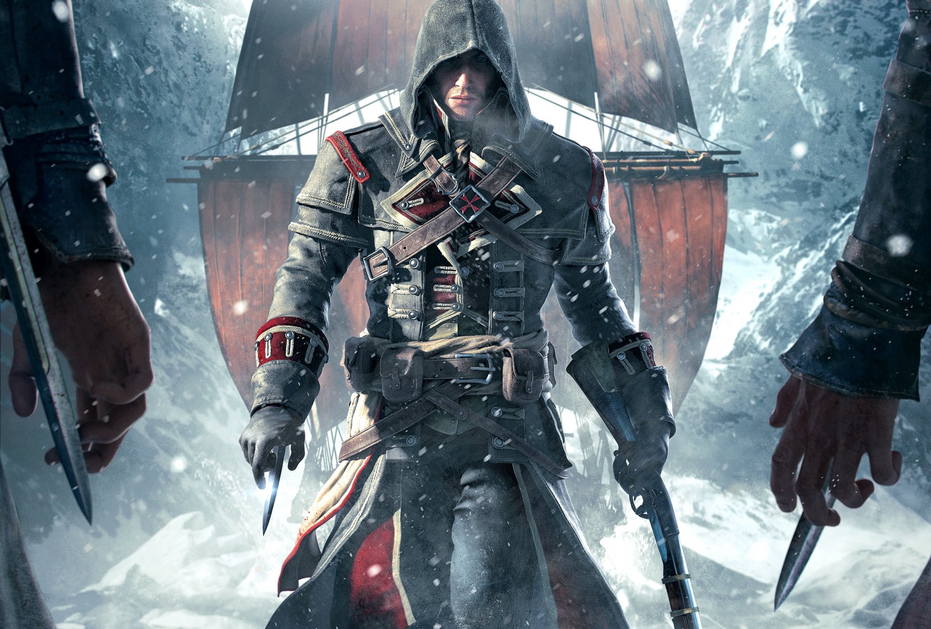 assassins creed : räuber templer shay patrick cormack mörder schnee segel schiff haube waffen hände klingen ubisoft