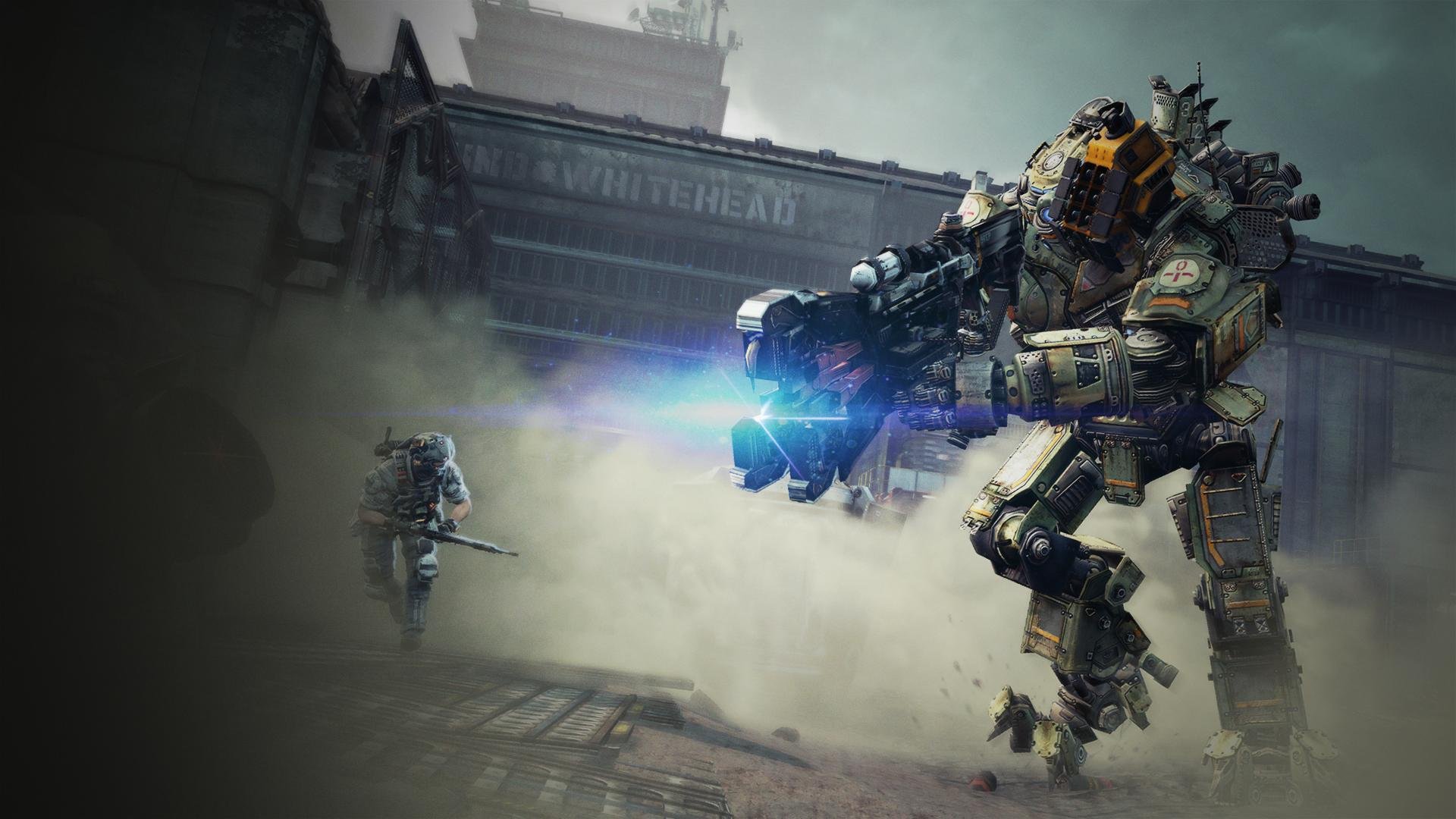 titanfall respawn entertainment electronic arts e.a. roboter soldat titan pilot licht lichter rauch himmel wolken gebäude waffen inbrunst jäger ausrüstung