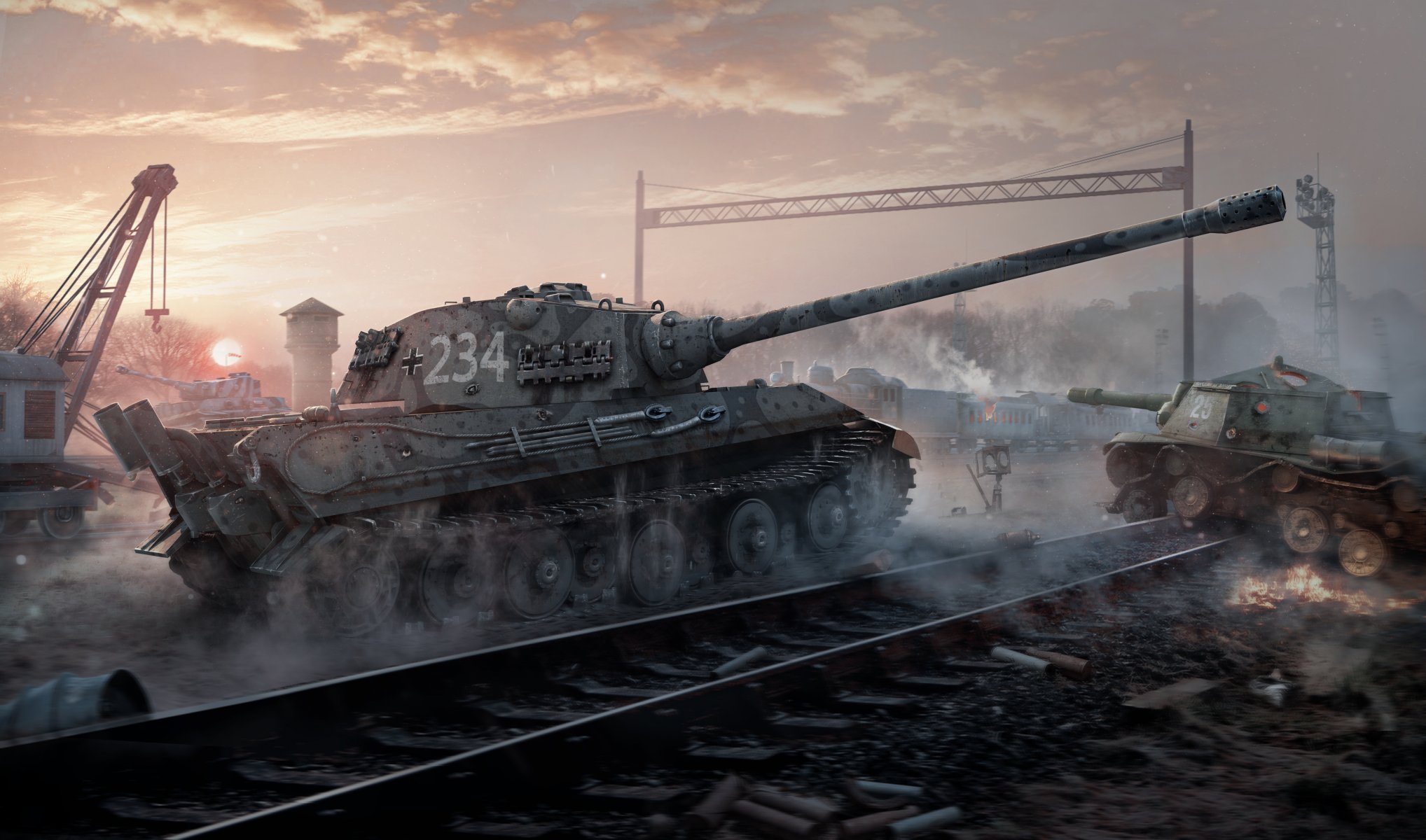 world of tanks wargaming net wot wg e 75 tiger i schwerer panzer su-152 panzerabwehr-acs pt-acs pt wolken rauch sonnenuntergang zug staub eisenbahn komposition kran turm eisen fass nebel hülsen fass