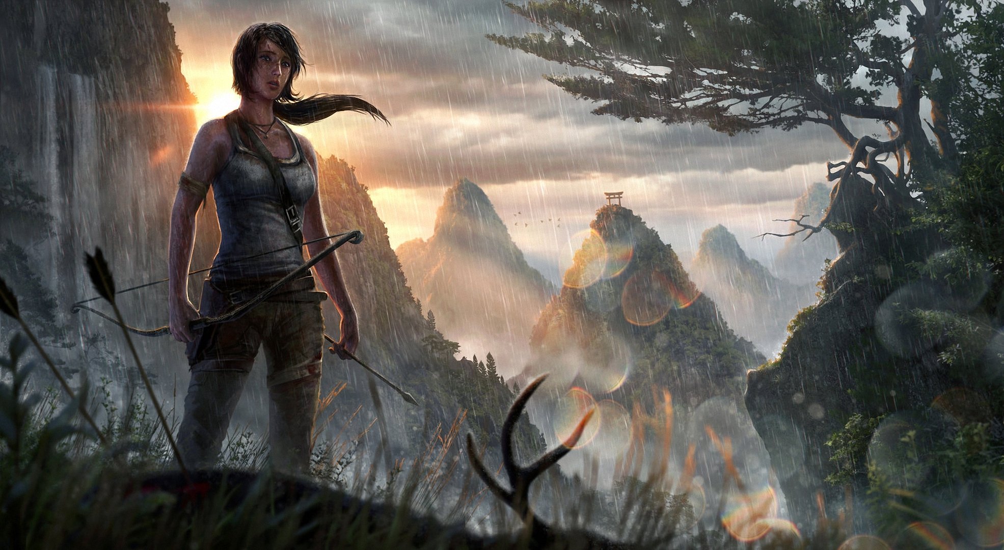 arte tomb raider lara croft ragazza montagne asia pioggia cascata sole arco freccia