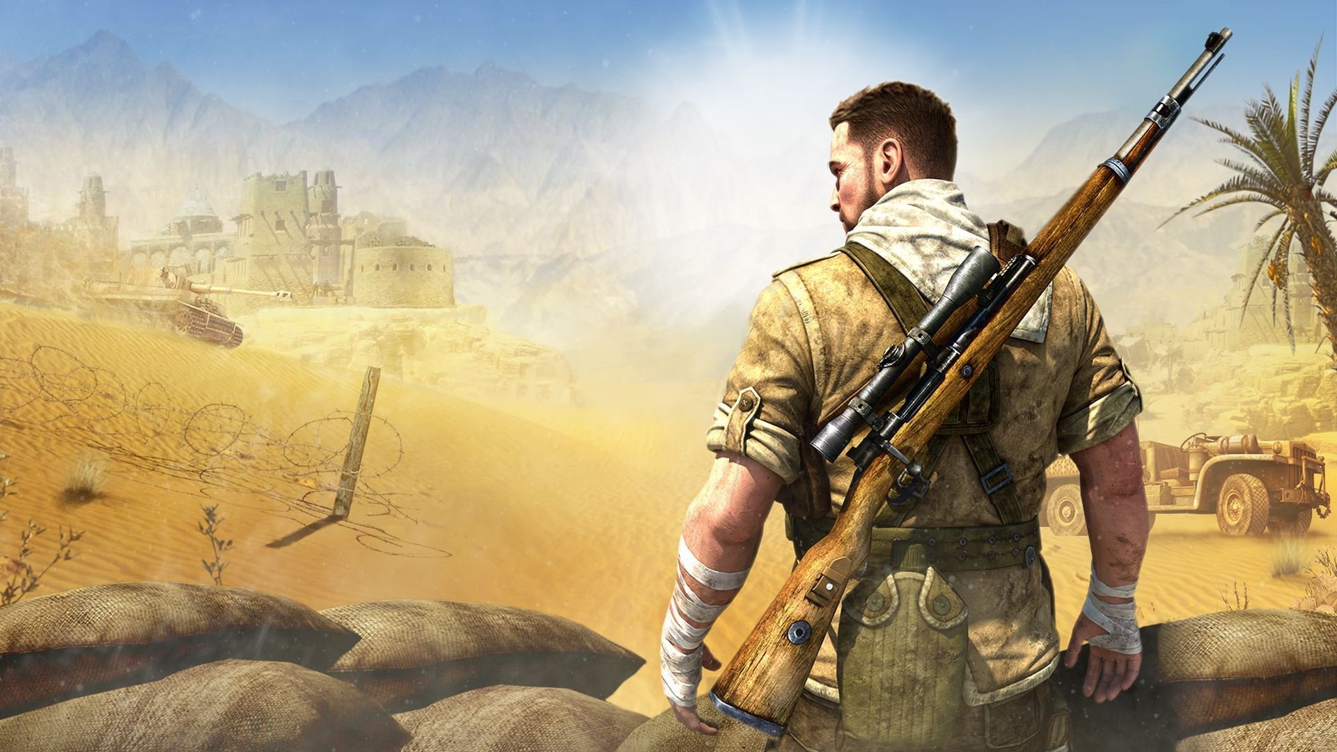 niper elite 3 rebellion 505 spiele afrika sniper elite-scharfschütze carl fairburn carl fairburne waffen himmel berge sand soldat militär schatten palmen stirnband uniform ausrüstung sonne schal stacheldraht gebäude tank tiger scharfschützengewehr lkw ba