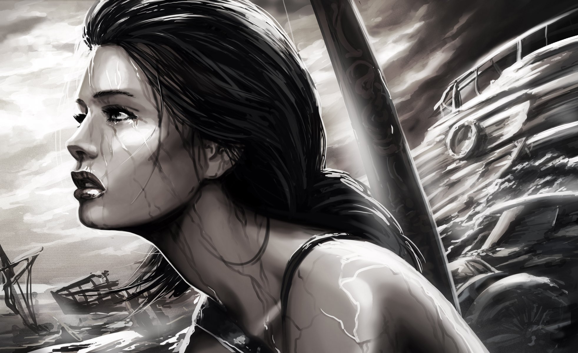 tomb raider lara croft game girl face. profile rain sea ships black and white