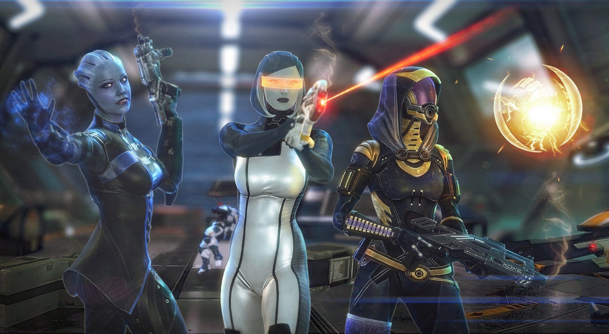 tali zora vas nima tali zora vas normandía quarianka mass effect liara t soni azari edi ai suzi drone de batalla fan art
