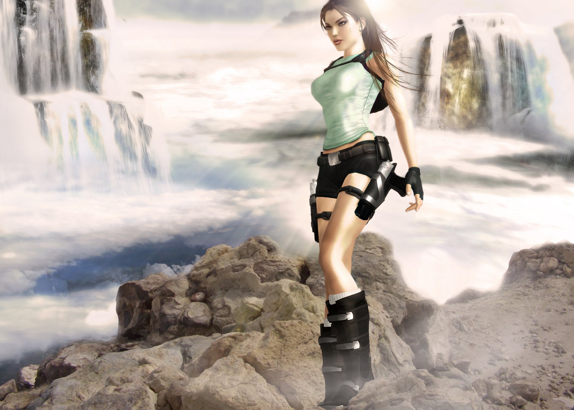 tomb raider lara croft mädchen waffen pistolen shorts t-shirt handschuhe blick gesicht wasser wasserfall