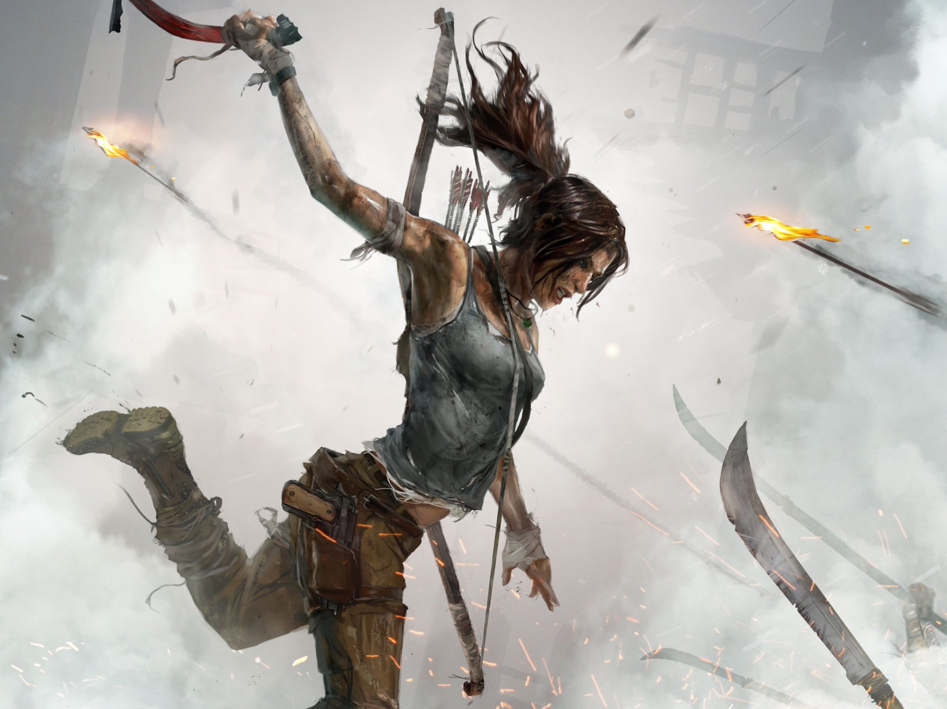 tomb raider полное издание x-one ps4 лара крофт девушка бой крик удар кровь копья лезвия дым огонь оружие пистолет ботинки лук стрелы волосы ледоруб рисунок nixxes software bv crystal dynamics square enix