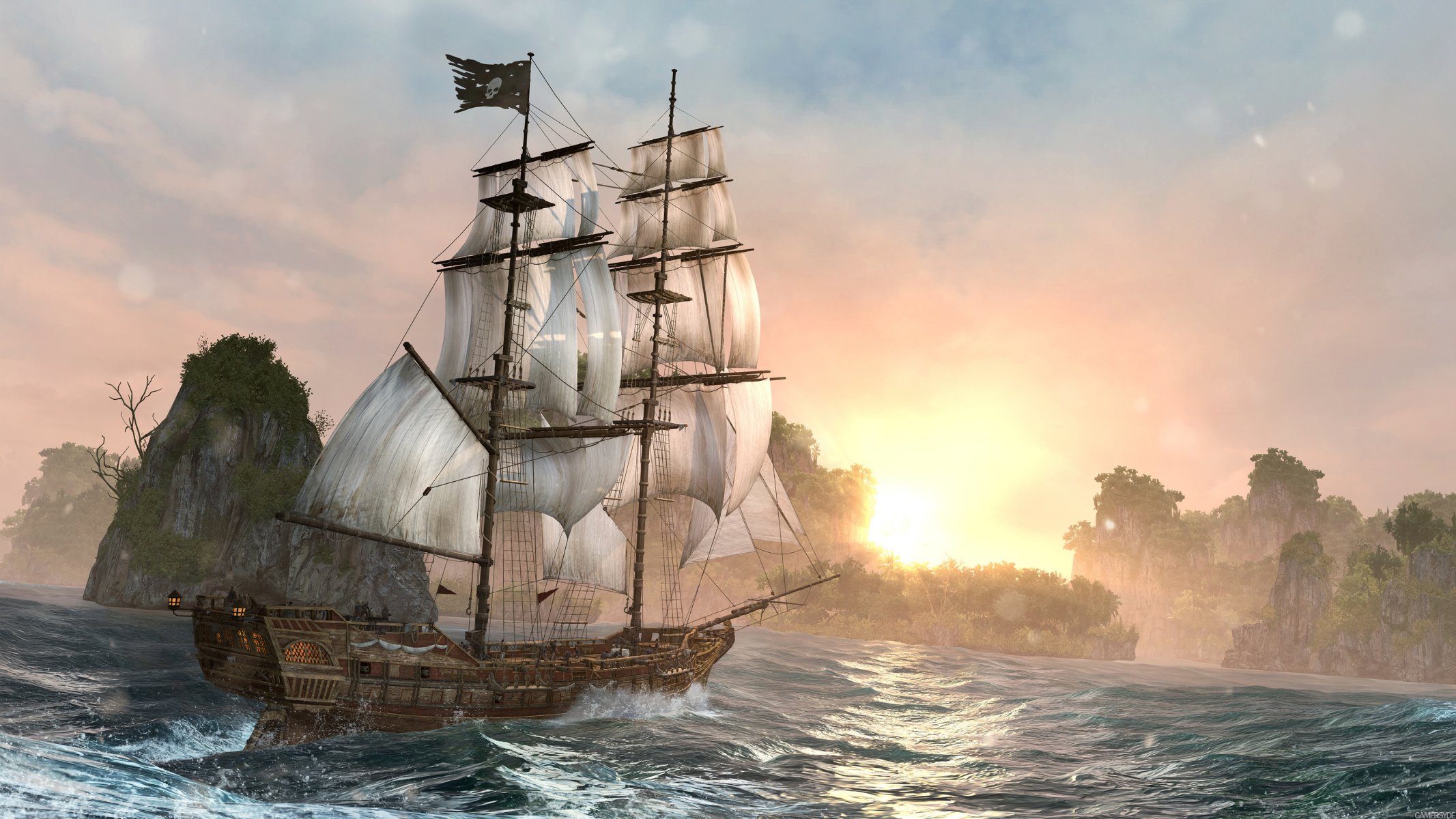 assassin creed iv drapeau noir île nuit navire