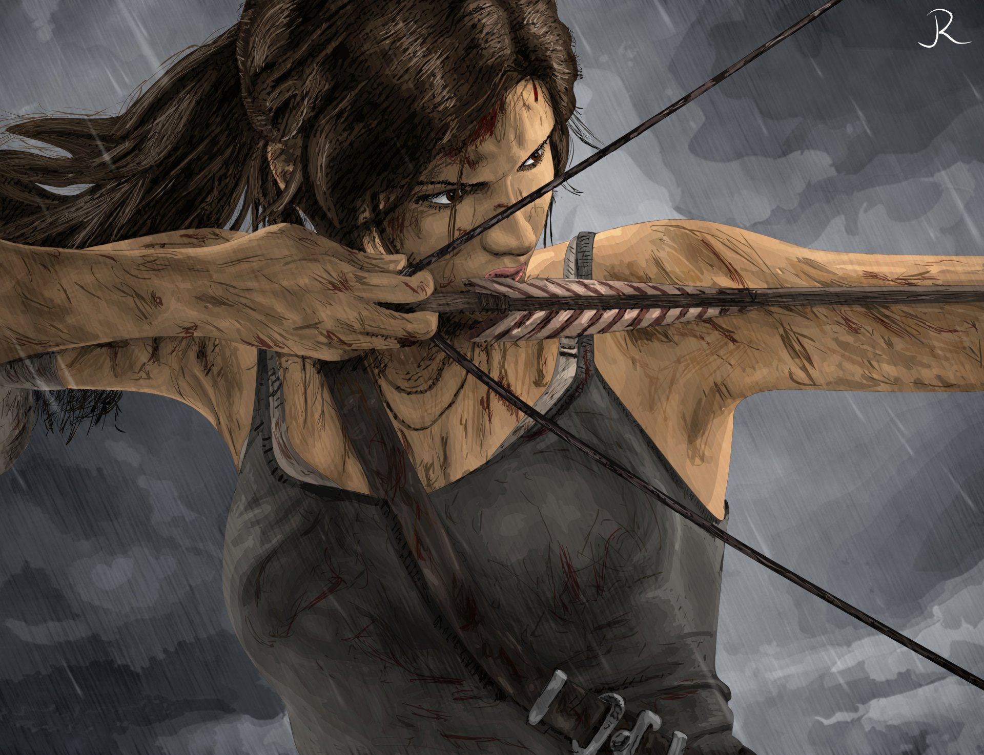 tomb raider лара крофт арт рисунок майка лицо грязь лук