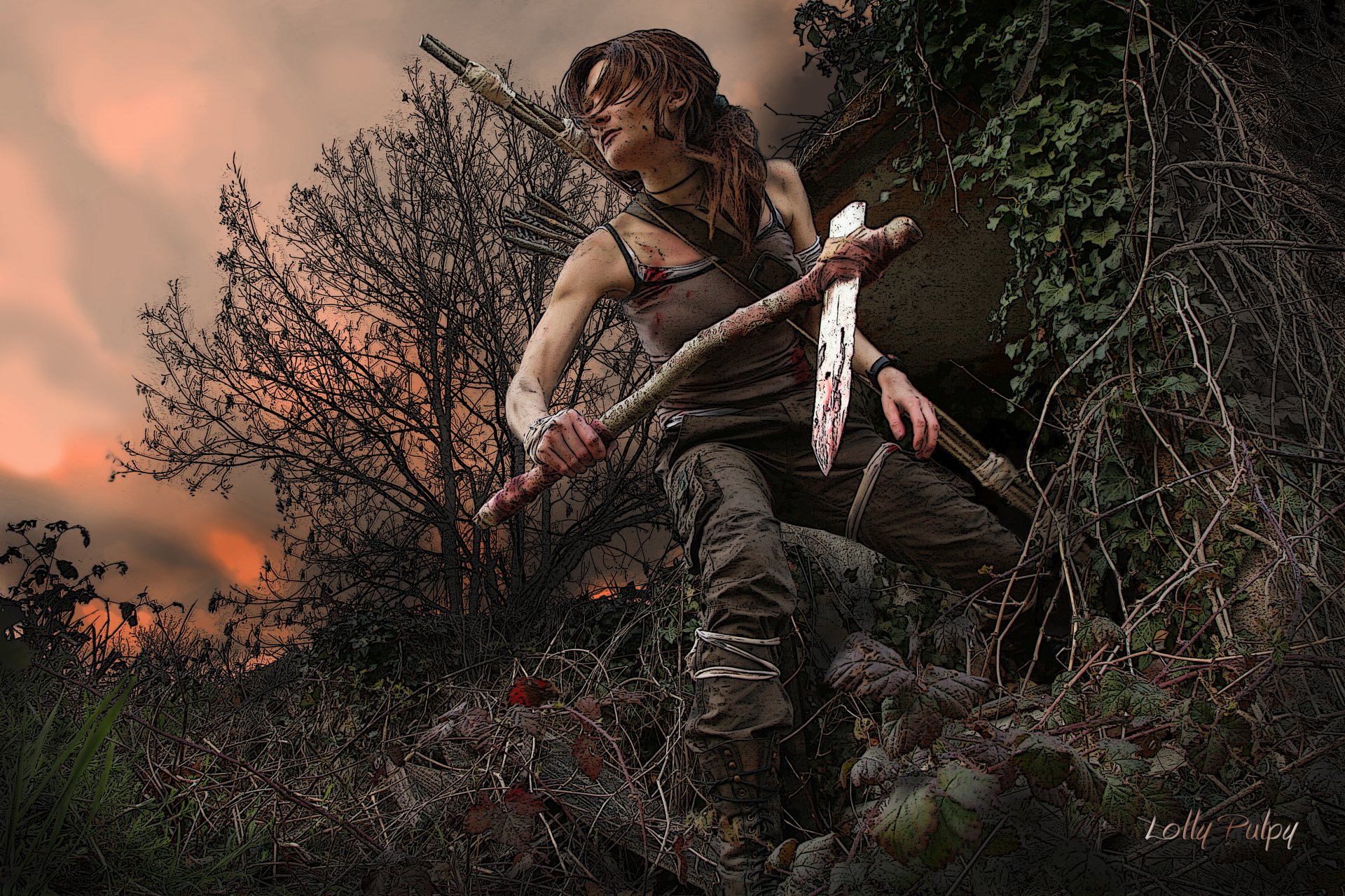 tomb raider lara croft dziewczyna sztuka włosy broń drzewa gałęzie liście niebo zachód słońca