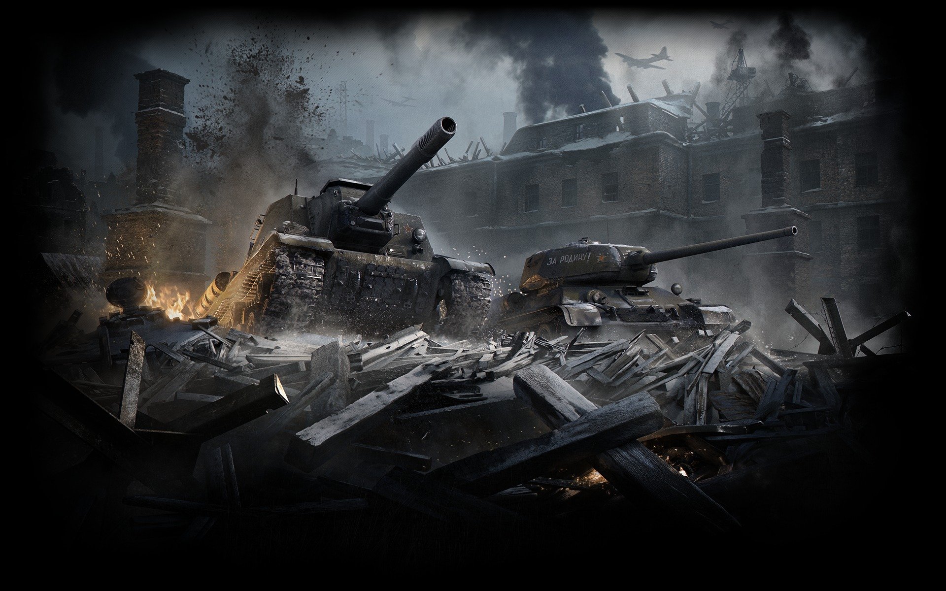 world of tanks wargaming net wot wg t-34-85 carro medio su-152 acs anticarro urss fumo ardore edificio casa rovine relitti guardrail esplosione aereo fiamme cielo nuvole scintille