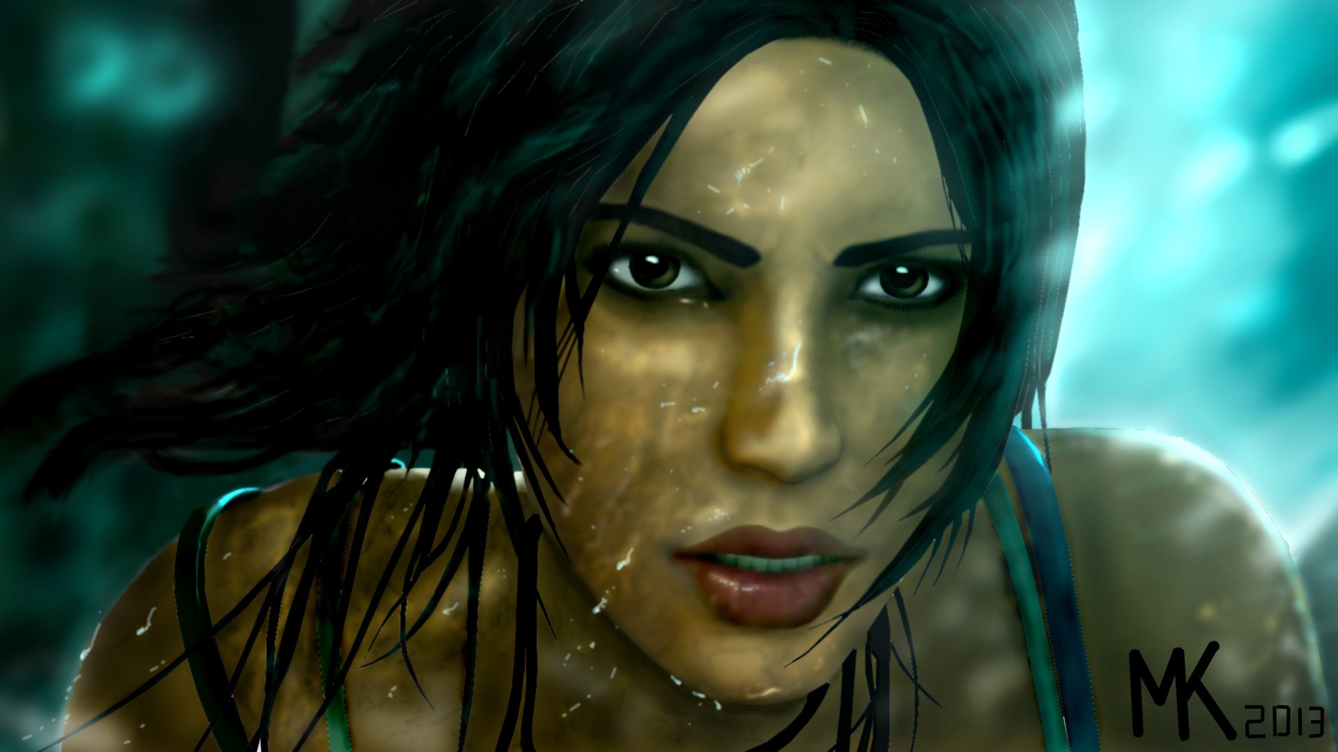 tomb raider lara croft spiel mädchen 2013 gesicht blick haare tropfen wasser spritzer