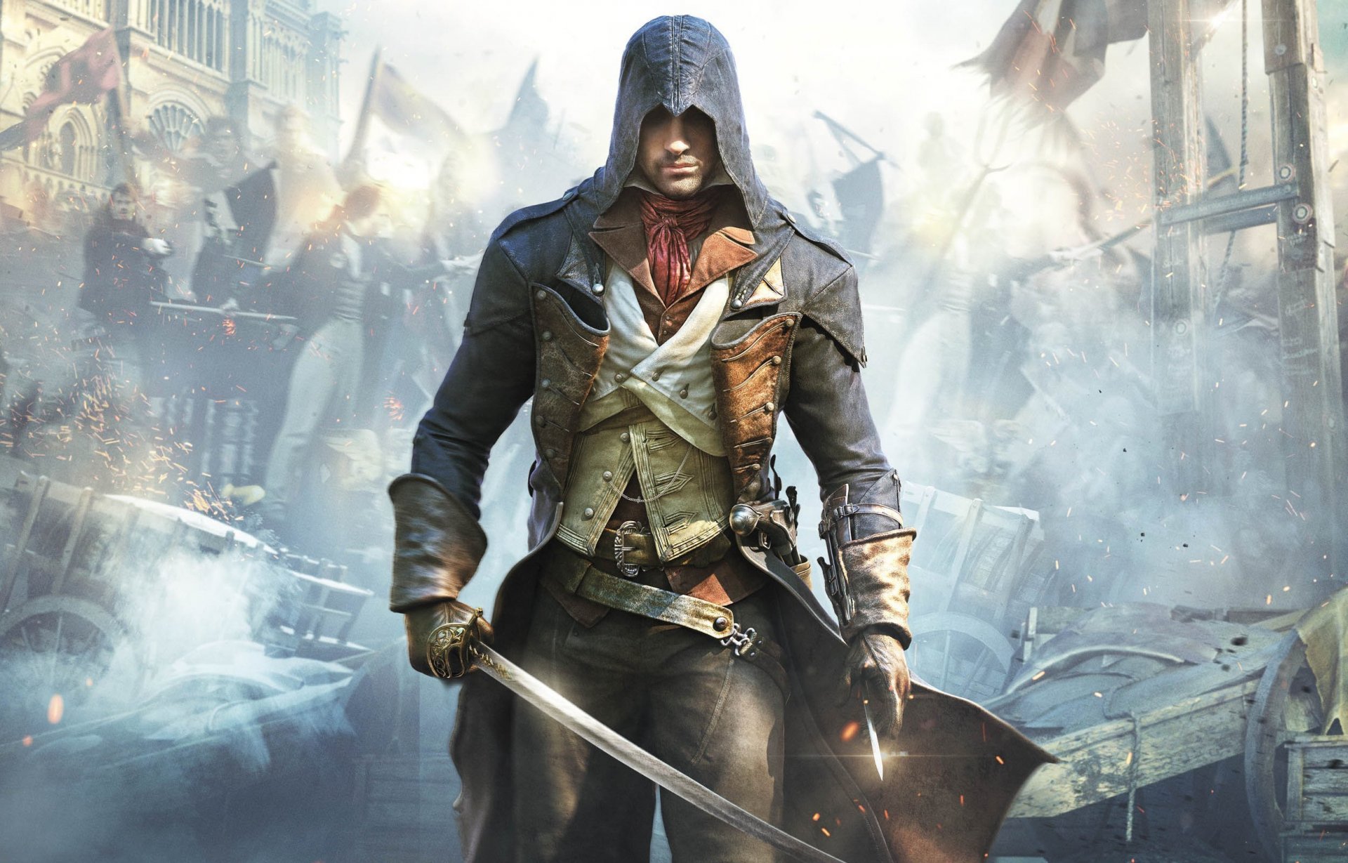 assassins creed : einheit ubisoft assassins creed assassins creed: einheit flagge arno haube ausrüstung licht waffe blick situation rauch lichter assassin s creed: einheit