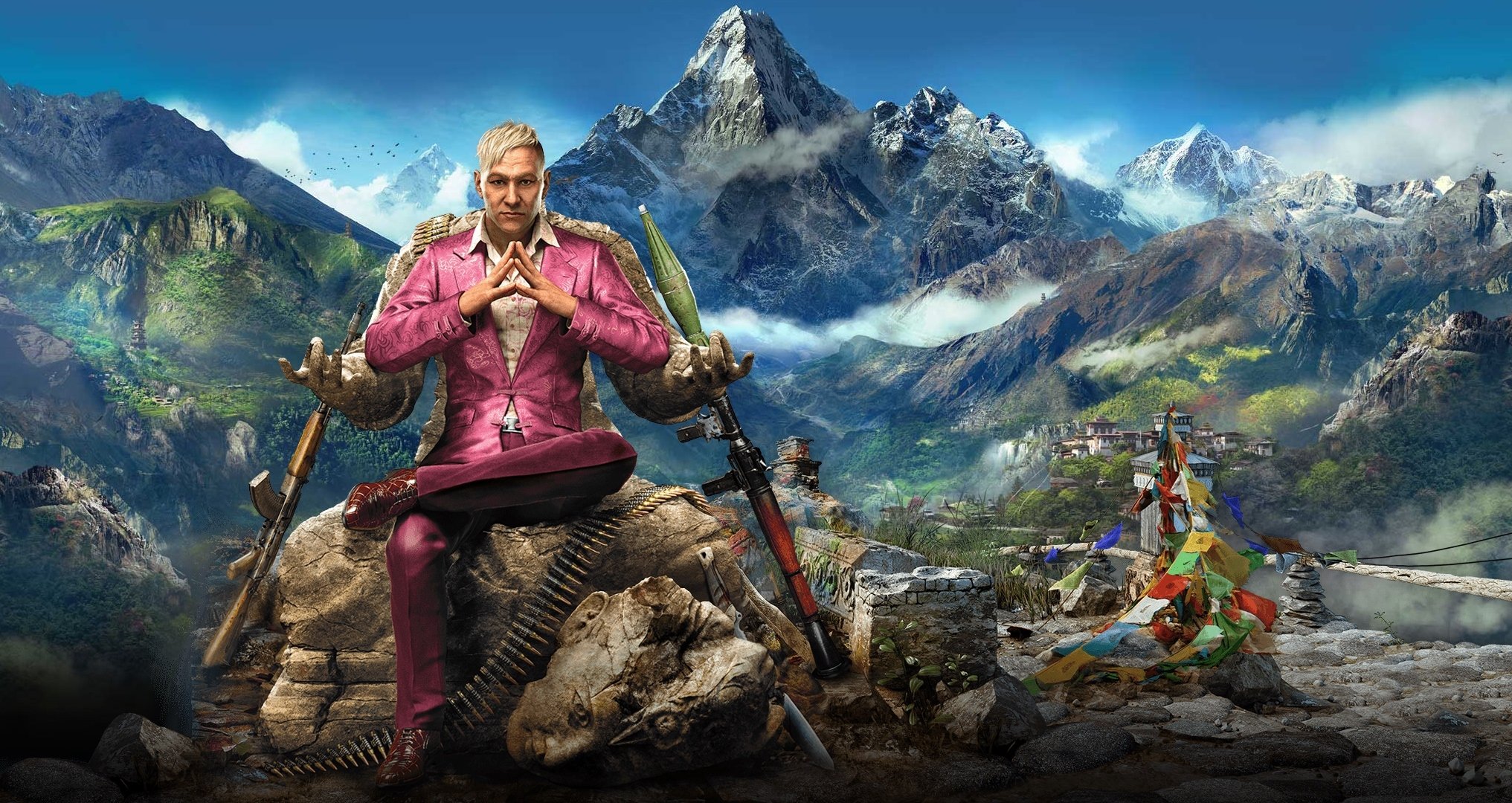 far cry 4 ubisoft armas cielo nubes montañas nieve vista kirat pagan min traje rpg estatua