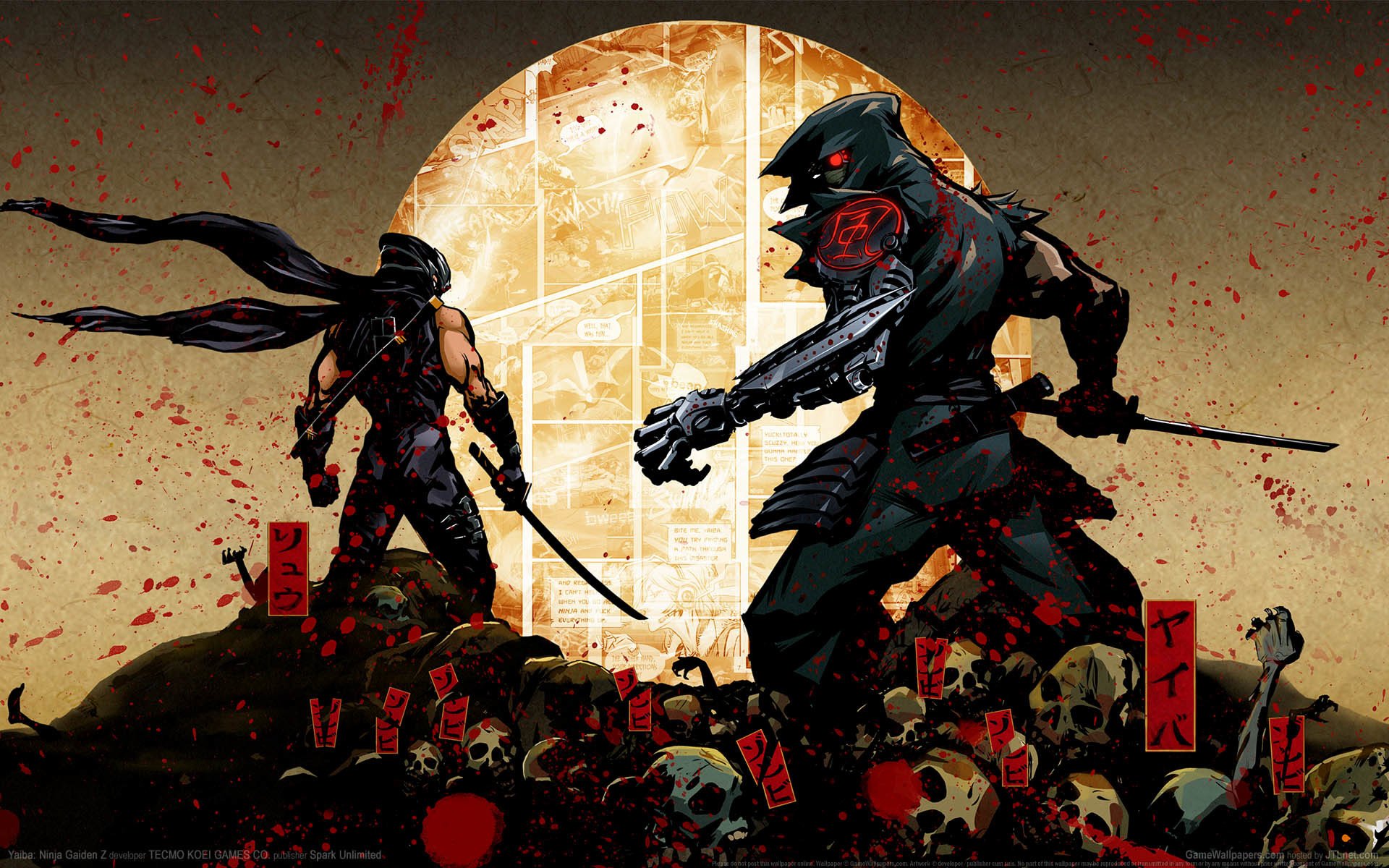 yaiba: ninja gaiden z ninja yaiba kamikaze cyborg main mécanique épée katana os capot kimono crâne sang éclaboussures hiéroglyphes ryu hayabusa bande dessinée team ninja spark unlimited comcept tecmo koei gamewallpaper