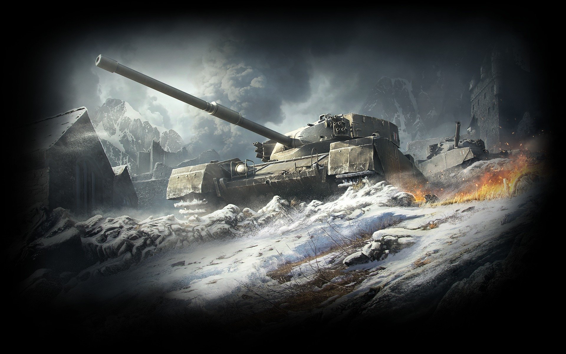 world of tanks wargaming net wot wg fv4202 großbritannien britischer panzer england himmel wolken berge tank feuer lauf eisen häuser flamme rauch winter schnee mittlere panzer